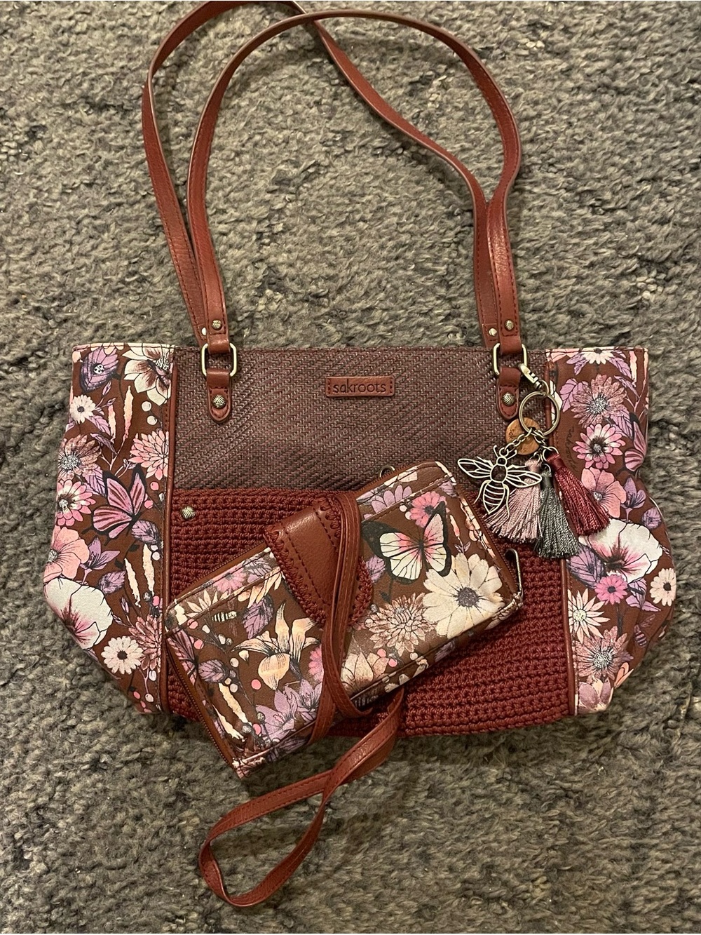 Sakroots Metro Tote Handbag Purse Crossbody Wallet Set Cabernet In Bloom Floral
